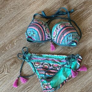 Shade & Shore Multicolor Bikini with Pink Tassel Accents